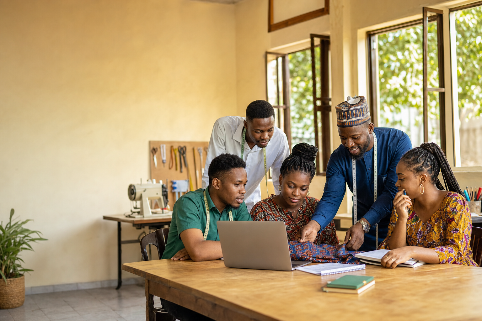 Nigerian young adults and a facilitator discussing fabric, a laptop, and practical notes in a skills studio.