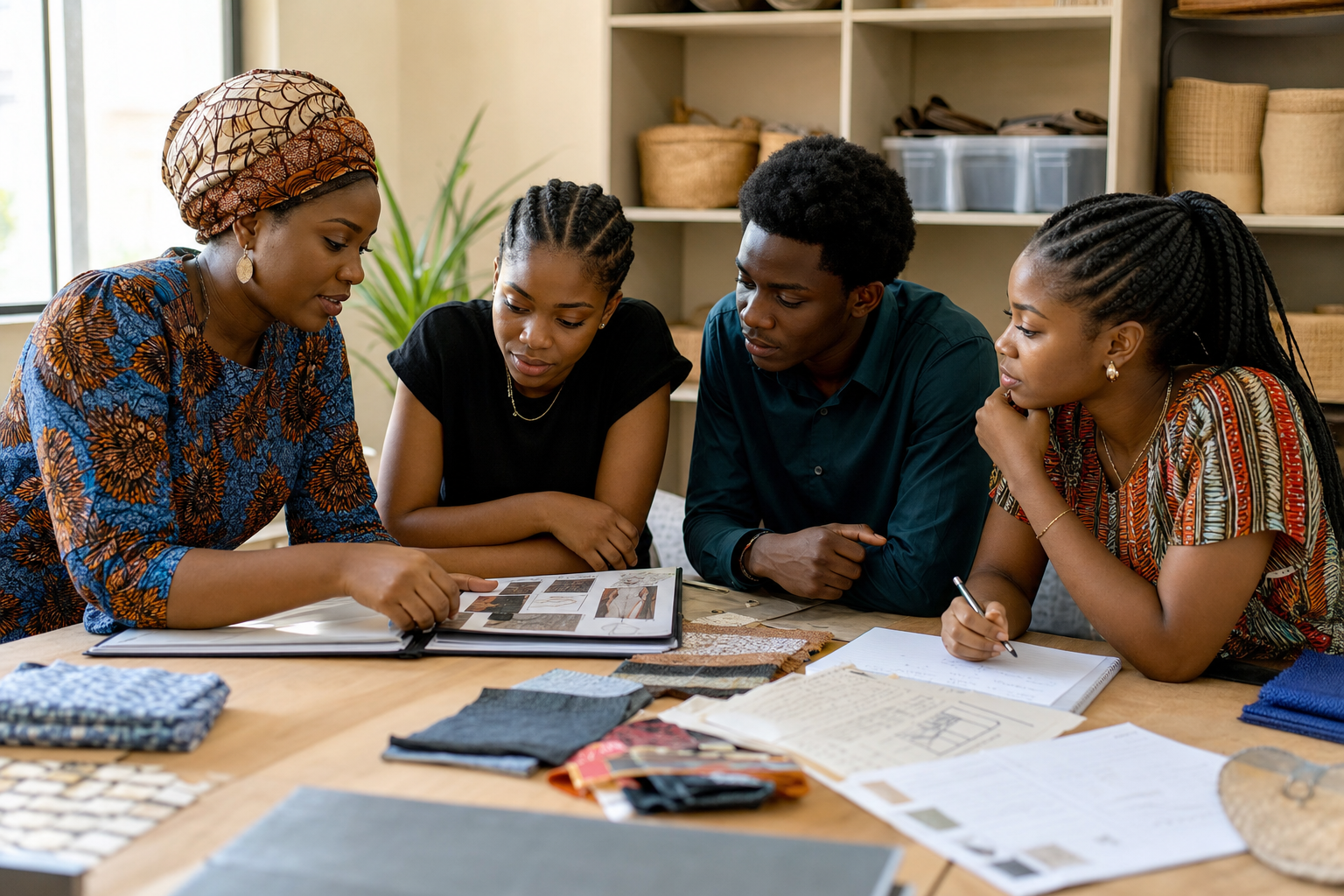 A Nigerian woman facilitator and three young adults reviewing fabric samples and planning pages at a shared table.