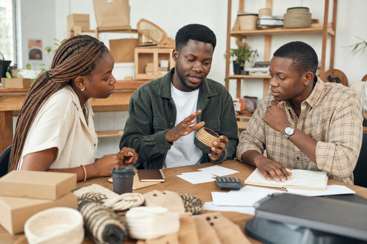 Three Nigerian young adults discussing a handmade product, sketch cards, and planning notes at a small-business table.